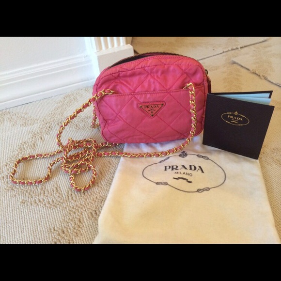 Prada Bag Pink Nylon - Barbie Color with Gold Long Double Chain Straps - Picture 4 of 17